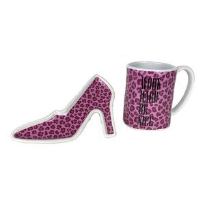 Pink Leopard "Work Hard Be Nice" Coffee Cup Shoe-Shaped Spoon Rest Set